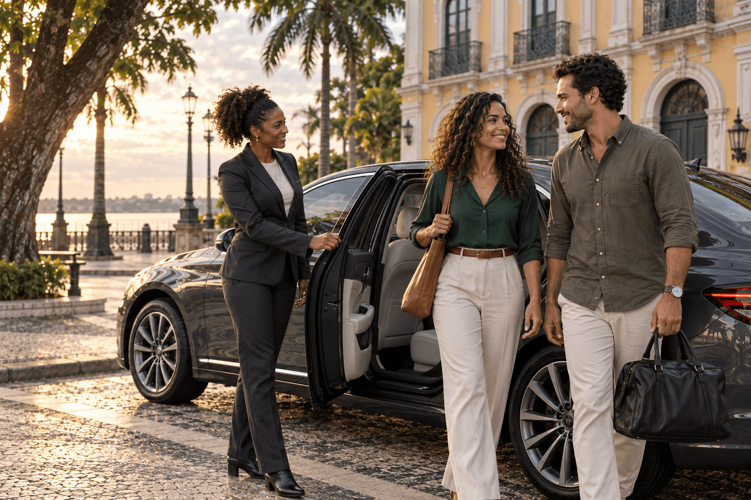 Passageiros satisfeitos chegando em um carro BYTE Driver novo e limpo